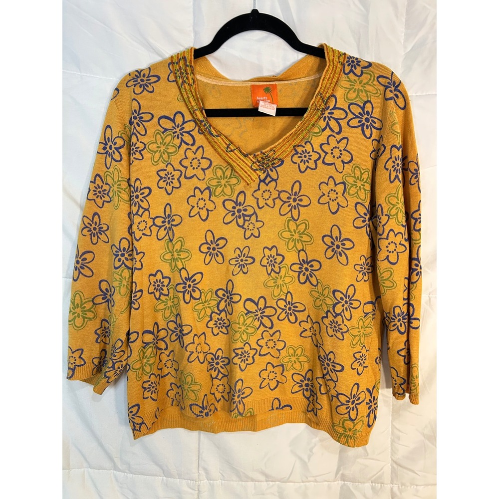 Hearts of Palm Women's Mustard Yellow‎ Floral V Neck 3/4 Sleeve Sweater Size L